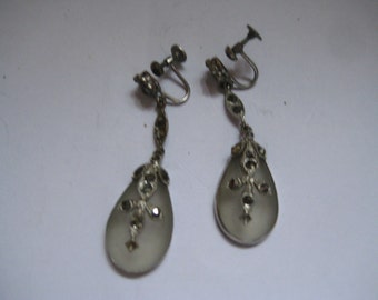 Rhodium Plated Art Deco Camphor Glass Screw Back Drop Earrings with Marcasites UnMarked
