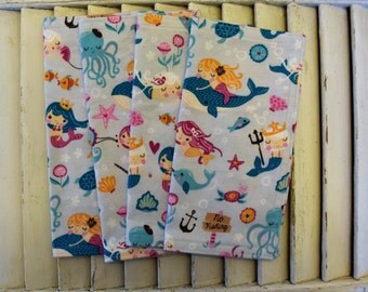 Set of 4 9" Flannel Cloth Napkins, Wipes, Un Paper Napkins Mermaid Print
