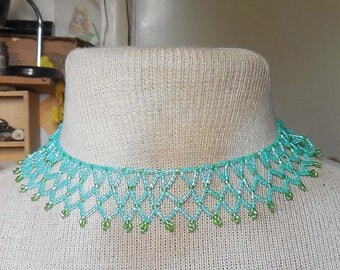 Netted Weave Beaded Choker Necklace in Light Teal Lime Green Adjustable Length OlyTeam