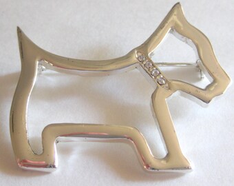 Silver Tone Scottish Terrier Rhinestone Collar Brooch Scottie Scotty AA-1