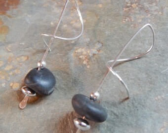 Basalt Corkscrew Beach Stone Earrings, black stone, beach find, river rock, pebble, stone, drilled beach stone, beach find, handmade jewelry