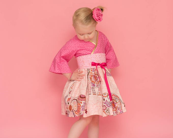 Boutique Baby Girl Dress - 1st Birthday Gift - Pink Elephants - Kimono Dress - Gold Trimmed - Baby Shower Gift - Handmade - 12 mos to 3T