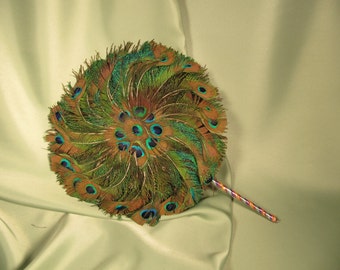 FAN of PEACOCK FEATHERS, Plush Vintage fan of Peacock Feather, Mardi Gras Part Fan of Authetic Peacokc feathers, Exotic Peacock feather Fan