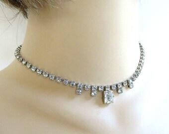 Clear Rhinestone Choker Necklace Vintage Bridal Wedding