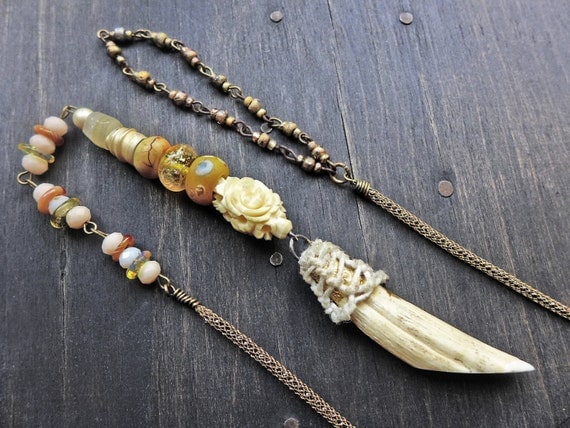 Handmade Fang lariat necklace in pale ivory cream by fancifuldevices, “Barghest”