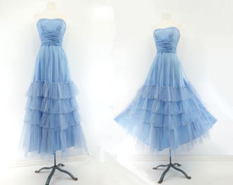 Vintage 1950s Dress 1950s Prom Dress 50s Blue Party Dress 1950s Maxi Dress Vintage Ruffle Dress 50s Formal Dress 1950s Tulle Dress s