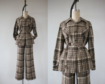 vintage 1970s pant suit / 70s pendleton pantsuit / 70s brown plaid Pendleton belted jacket / 70s wool pant set / medium large