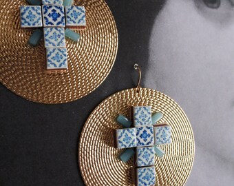Portugal Blue Antique Azulejo Tile Replica CROSS DISC Earrings from Ovar (see photo of actual facade) Gift Box Included - Ships from USA