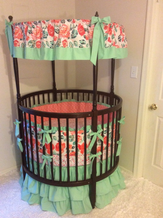 Baby Girl Round Crib Bedding Coral Mint and Teal Floral with