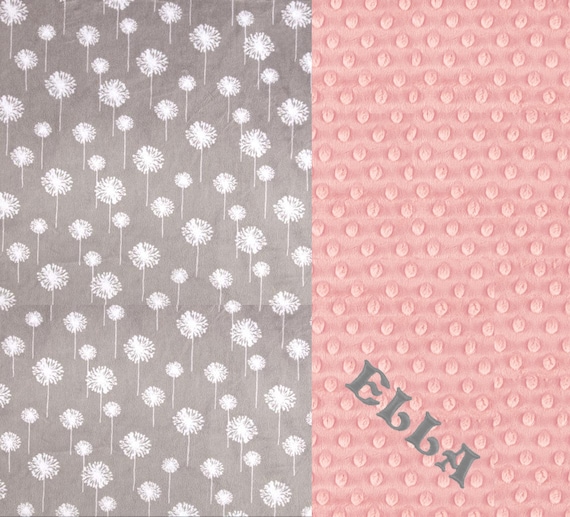 42 x 55 Minky Blanket Girl, Dandelion Flower Personalized Baby Blanket Crib size Girl // Pink Gray Baby Blanket