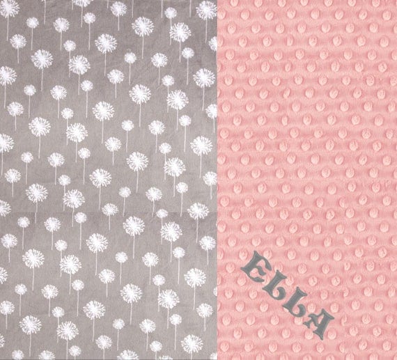 Minky Adult Blanket, Personalized Blanket - Pink Gray Flowers Blanket Throw // Gray Minky Throw Blanket // Twin Blanket // Dandelion Blanket