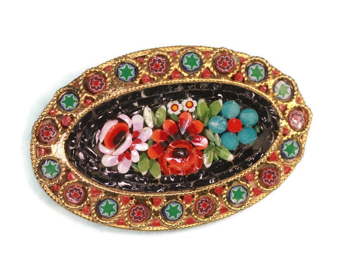 Floral Mosaic Tile Brooch Italy Oval Shape Vintage