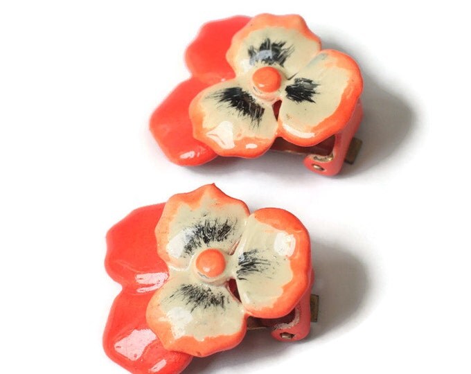 Enameled Pansy Flower Earrings Bright Orange Vintage Clip On