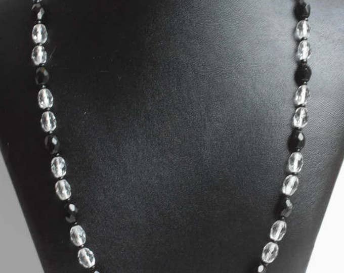 Faceted Black and Clear Crystal Bead Necklace Single Strand Vintage