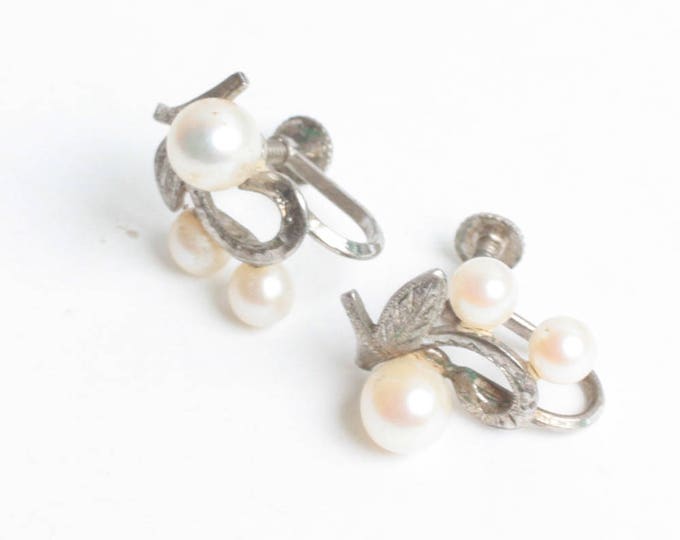 Cultured Pearl Earrings Silver Leaf Motif Vintage Screw Back