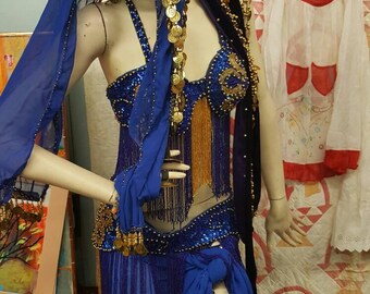 Vintage Heavily Beaded Blue and Gold Belly Dancer Costume Burlesque Costume from Rustysecrets