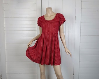 90s Babydoll Dress in Carnelian Red & Dots- 1990s Cap Sleeve Empire Mini Dress- Small