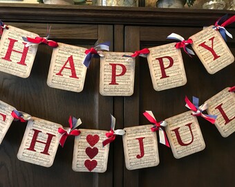 Happy 4th July Banner / garland, Star Spangled banner sheet music. Only 1 available, ready to ship.