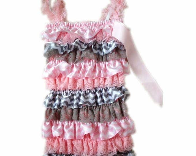 Ruffle Romper, Cake Smash, Pink Petti romper, Lace Romper, Baby Girl Romper, Birthday Outfit, Photo Prop, Pink and Gray Romper, Chevron, 1st