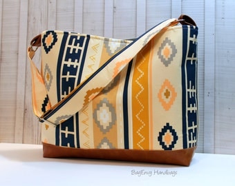 READY To SHIP - SALE- Aztec Bound with Vegan Leather - Messenger Tote Bag / Diaper Bag - Medium Bag