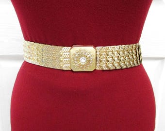Vintage Elastic Stretch Fish Scale or Snake Skin Gold Tone Metal Cinch Wide Belt W/ Rhinestones Flower Metal Buckle XS S M