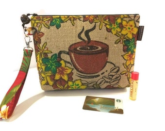 MTO. Custom. Coffee Lover. Gift for Her. Burlap Wristlet or Clutch. Bird of Paradise. Plumeria. Repurposed Kauai Coffee Bag. Handmade in HI.