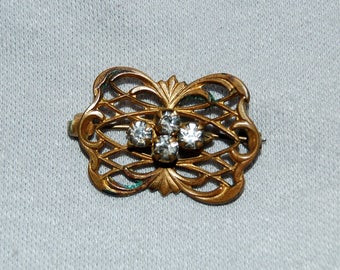 Antique Victorian Brooch, Clear Rhinestone Brooch, C Clasp Gold, Vintage old jewelry