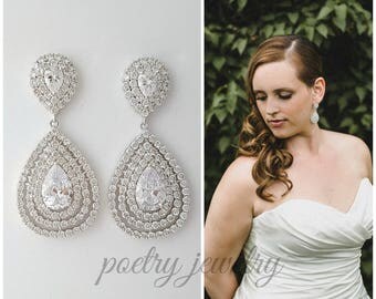 Bridal Earrings, Bridal Jewelry, Crystal Bridal Earrings, Large Cubic Zirconia Teardrop Earrings, Wedding Jewelry, Etta Wedding Earrings