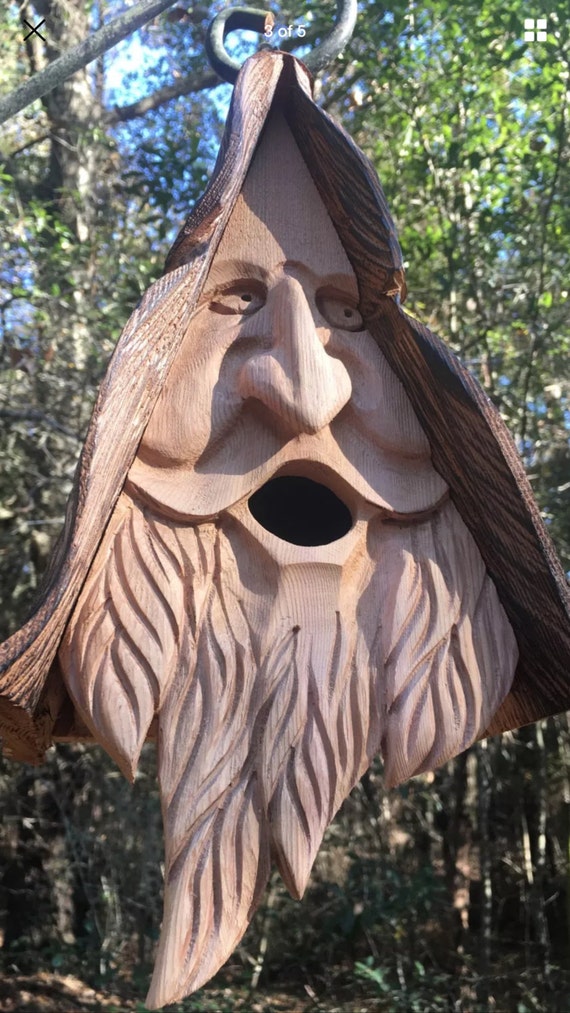 Happy Wood Spirit Birdhouse. Hand Carved Home Made In The