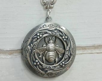 Bee Locket Necklace - antique silver tone locket.