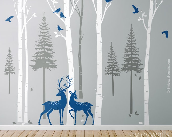 Forest Trees Wall Decal, Birch Trees with Deers and Birds Wall Decal, Pine Trees Wall Decal, Winter Trees Wall Decal for Living Room Decor
