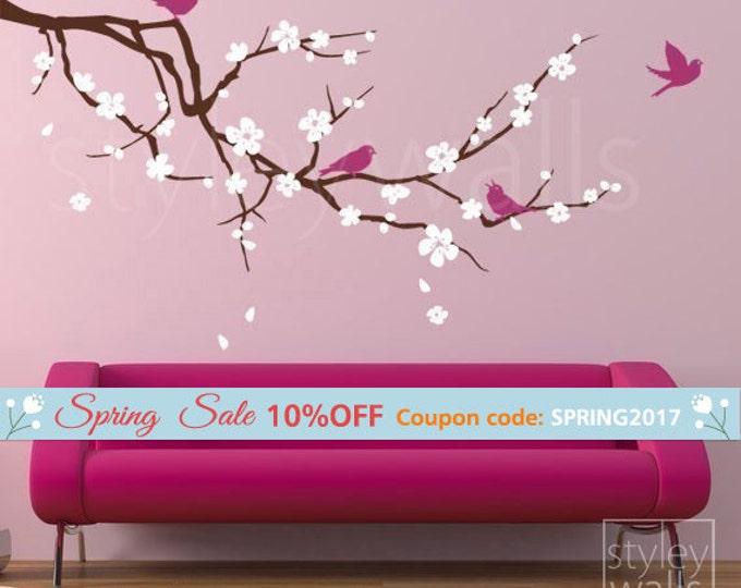 Cherry Blossom Branch Wall Decal, Branch and Flowers Wall Decal, Cherry Branch Wall Decal, Cherry Tree Wall Decal Sticker for Baby Nursery