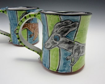 Large Coffee Mug Ceramic - Silver Dapple Dachshund Wiener Dog - Green Blue - Majolica Mug - 17 ounces oz - Pottery Mug - Pet Dog Mug - Cup