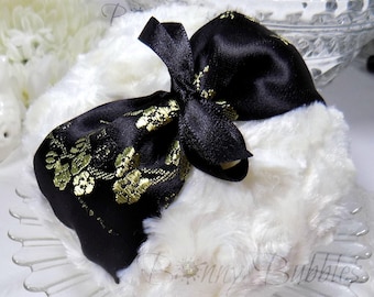 Black and Cream Powder Puff | black and gold satin floral brocade pouf | gift box option | handmade by Bonny Bubbles