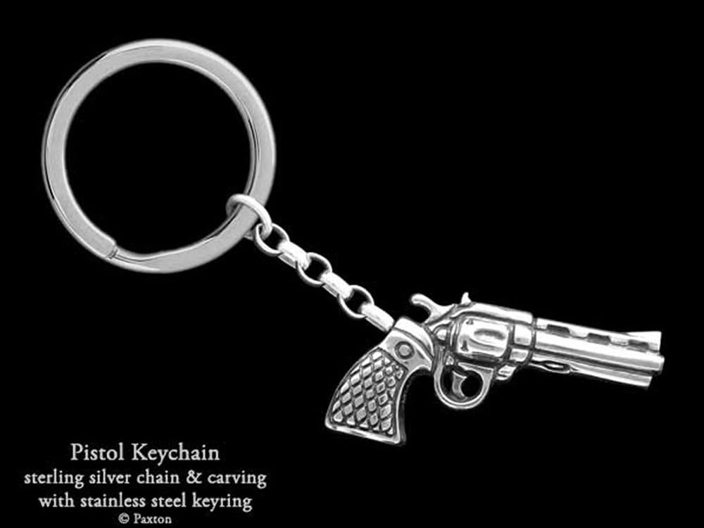 Pistol Revolver Keychain / Keyring Sterling Silver Zombie Gun