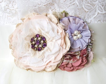 Wedding Dress Belt, Floral Bridal Sash, Purple Sash, Wedding Belt, Unique Wedding Sash, Colorful Sash, Wedding Belt with Fabric Flowers
