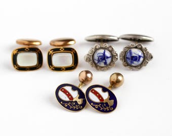 Vintage Silver or Brass Tone Men's Cufflinks - Enamel , Mother of Pearl, Holland Delft , Knight Cuff Ball Back or Pivot Link Costume Jewelry
