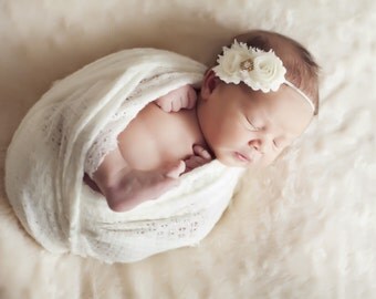 Gold ivory headband, christening headband, baptism headband, ivory baby headband, infant headband, photo prop, QUICK ship, baby head bows