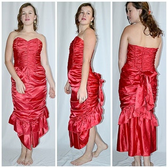 Items similar to Vintage 1980s Ruched Red Satin Bustle Back Strapless ...