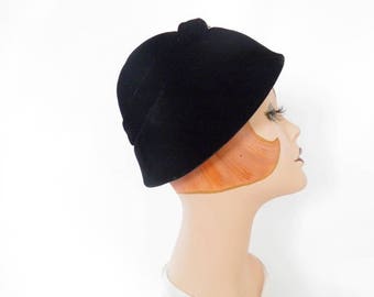 Vintage 1960s hat, black velvet bubble with rhinestones
