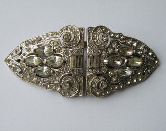 Coro Duette clear rhinestone brooch, dress clip, shoe clip. Art Deco duette, double clip brooch.