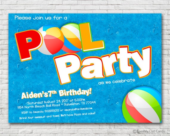 Bright and Fun Pool Party Invitation - Printable or Printed (w/ FREE Envelopes) Il_570xn