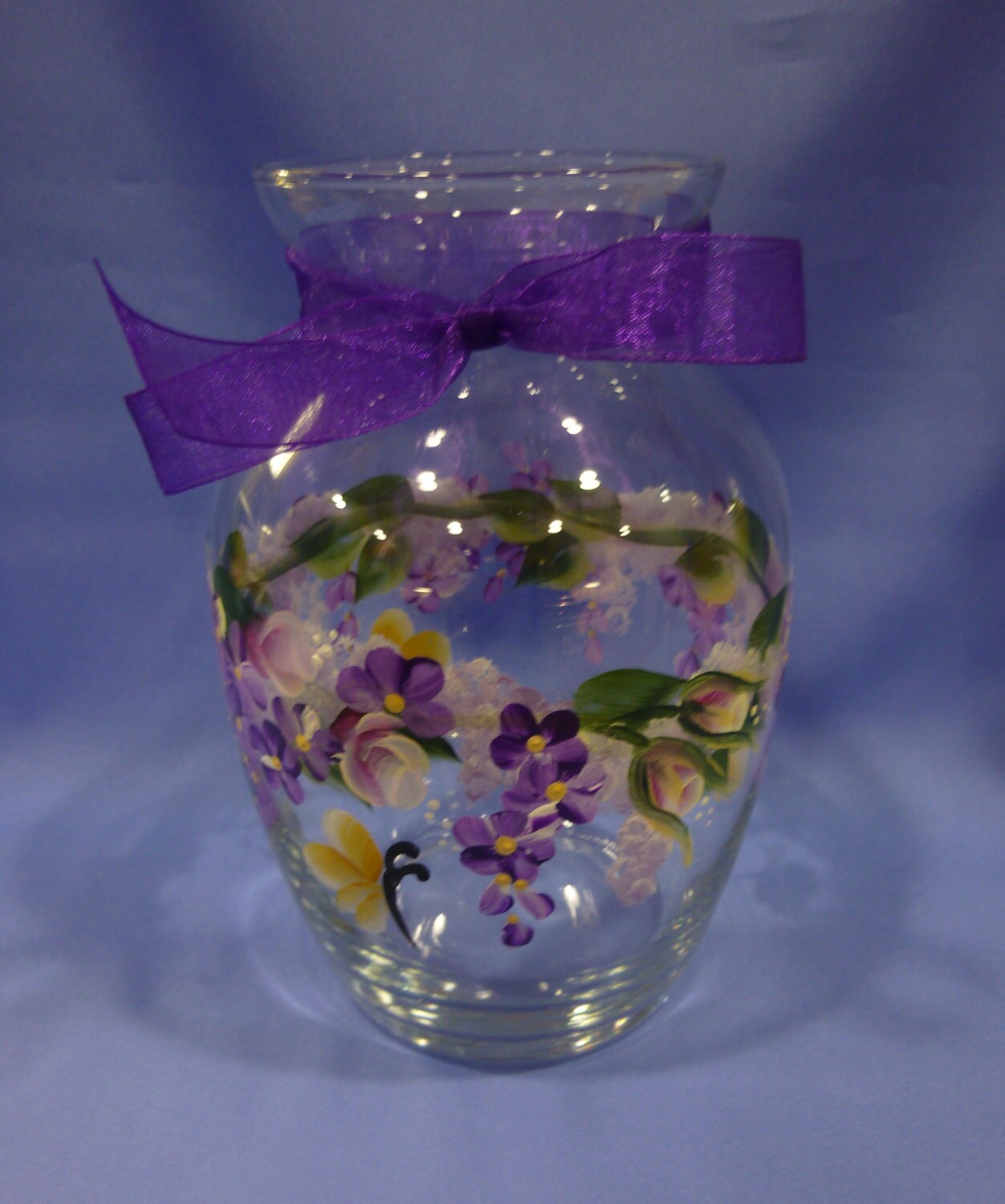 Hand Painted Glass Vase Pink Roses Purple Flowers Daisies