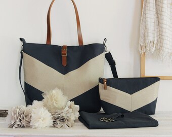 LARGE, oatmeal linen chevron, dark navy diaper bag set. diaper bag, nappy pouch, change mat & detachable clips. Waterproof lining available