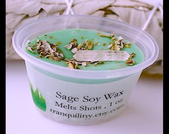 Sage Soy Wax Melts Shot , Clearning 1 oz, Crystal Sage, Purification Smudge Cleansing, Protection, Negativity Gone, By: tranquilityy