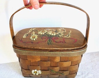 60s Caro Nan Wooden Basket Purse Painted Daisies Vermont Picnic Basket Handbag Retro fashion Jackpot Jen vintage