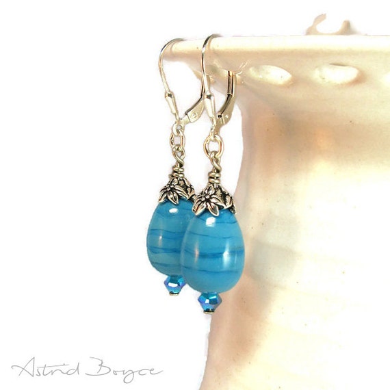 Turquoise Drops Vivid Artisan Lampwork Earrings include Sterling Silver Leverback for a Wonderful Thank You Gift for Her or Gift for Mom SRA