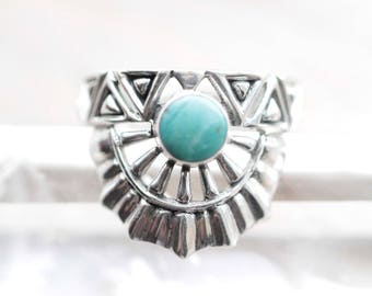 Genuine Turquoise Ring, 925 Sterling Silver Ring, Aztec Ring, Boho Rings, Bohemian RIng, Carved Ring, Personalised Ring