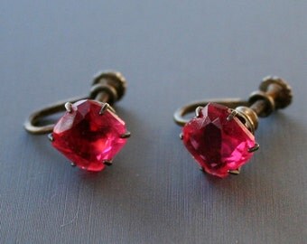Vintage Raspberry Pink Cushion Cut Sterling Silver Earrings Art Deco Earrings Magenta
