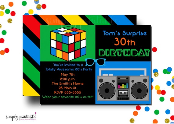 80's Theme 30th Birthday Party Invitation with Rubix Cube & Boom Box Il_570xn